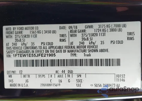 2018 Ford F-150 Xl из США, поврежденный, VIN 1FTEW1E55JFE21905